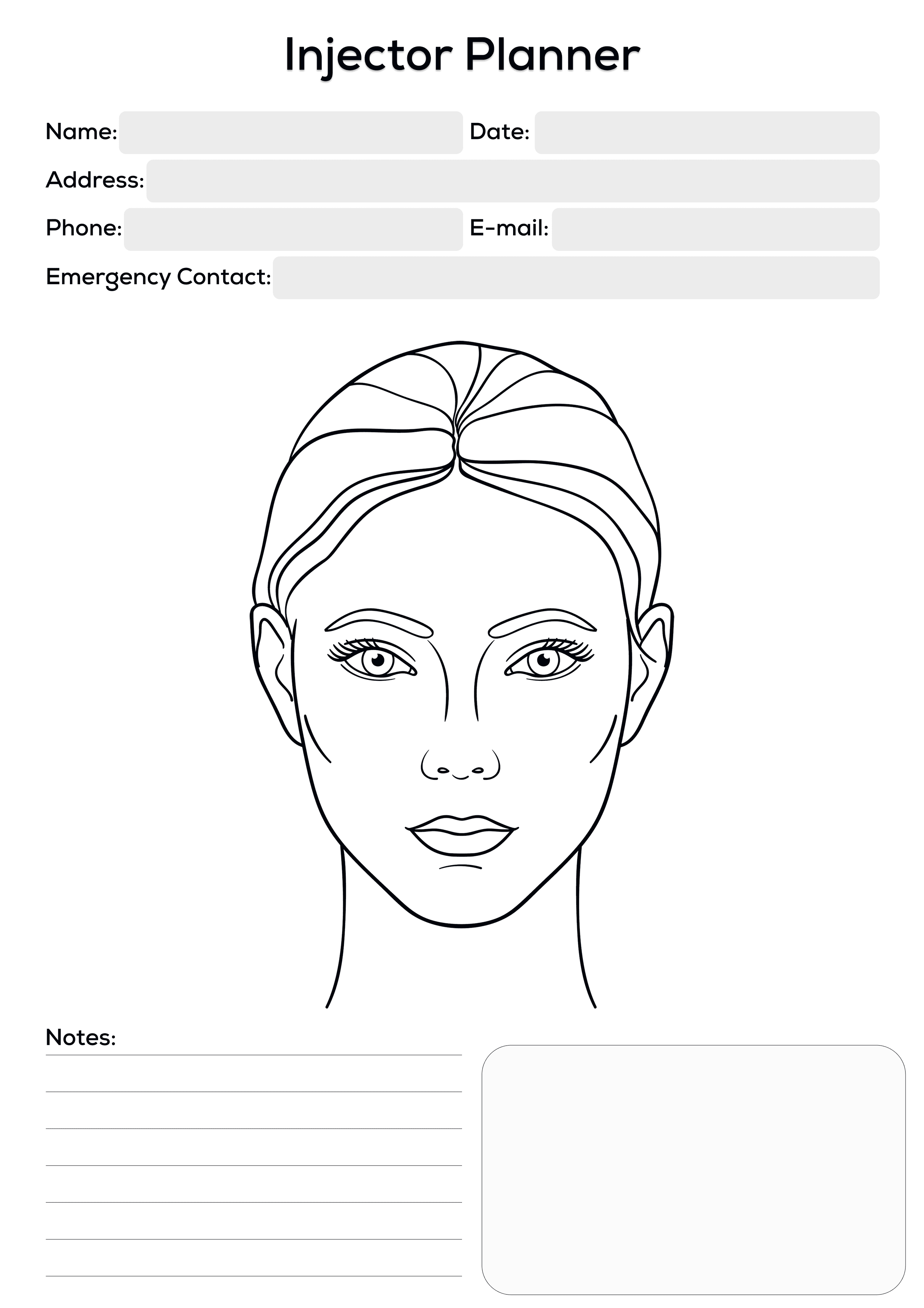 Free printable injector planner template PDF — facial mapping and dosing chart